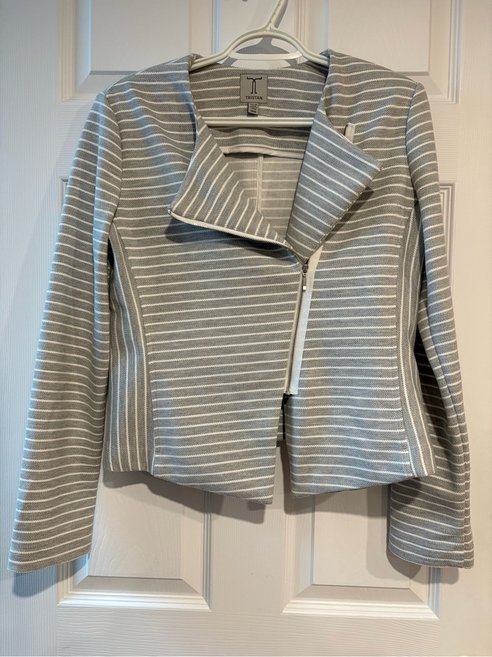 Tristan Striped Moto Jacket Asymmetrical Zip Corporate Chic Grey M - Picture 3 of 7
